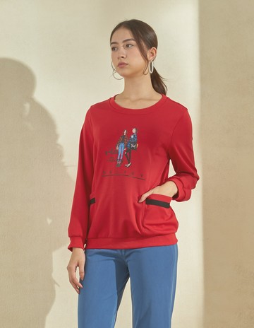 ★【喜芝梅】踩街漫步 創意口袋設計人形圖案休閒上衣(紅色；M-2L) 224500456