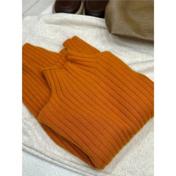 早秋新款高領坑條設計感減齡氣質南瓜橘羊絨針織衫慵懶風百搭毛衣