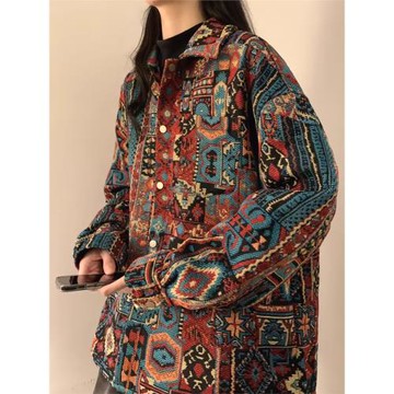 美式復古巴洛克藏式外套男春秋款高級感小香風印第安襯衫情侶夾克