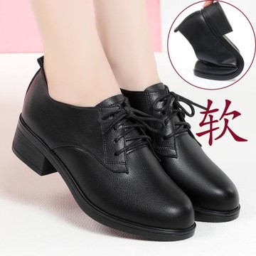 工作鞋女黑色秋冬季新款加絨職業皮鞋粗跟短靴工裝鞋上班深口單鞋