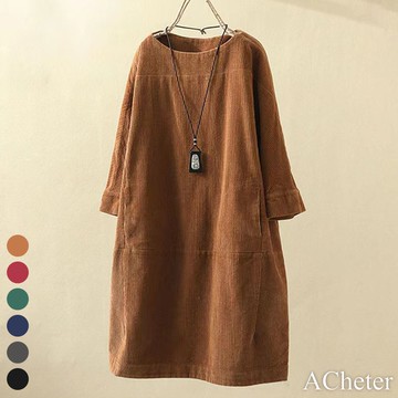 【ACheter】燈芯絨復古圓領純色長袖寬鬆連身裙洋裝 # 114631(現貨+預購)
