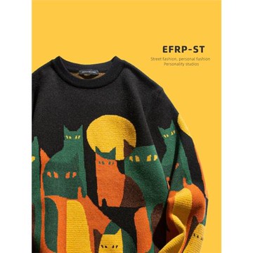 黑夜的貓 | 設計師品牌 | EFRP貓咪提花毛衣男秋冬季保暖針織衫