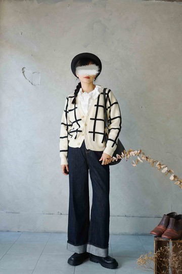 尋寶古著-文青黑白方格子緹花針織外套