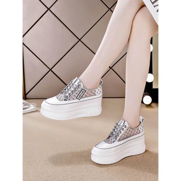 夏季內增高小白鞋女網面透氣女鞋薄款銀色厚底松糕鞋女款2025新款
