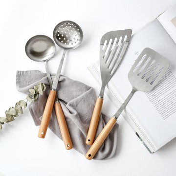 廚事 木柄不銹鋼鍋鏟 家用廚具套裝炒菜鏟子煎鏟湯勺勺子漏勺