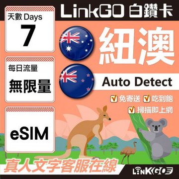 LINKGO白鑽卡 紐澳 eSIM卡 7天無限流量吃到飽 不降速(紐澳網卡 紐西蘭 澳洲 虛擬卡)