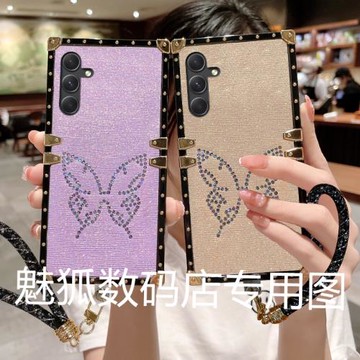 新款閃鉆蝴蝶適用于三星A54方形電鍍帶手繩手機外殼A54全包邊四角加厚防摔A54保護套