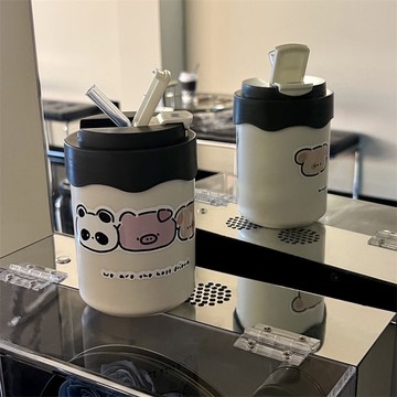 三小只可愛吸管杯水杯學生辦公高顏值不銹鋼內膽咖啡燕麥便攜杯子
