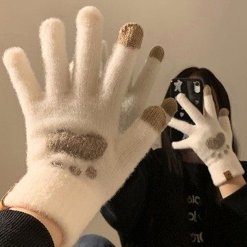 台灣出貨 可愛貓爪觸屏毛絨針織五指手套女冬季保暖加絨加厚學生騎行車防寒