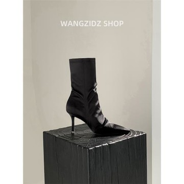 歐美短靴女堆堆靴爆款秋冬季尖頭高跟鞋細跟爆款瘦瘦白色靴子洋氣