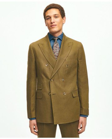 Brooks Brothers Men's Slim Fit Linen Herringbone Double-Breasted Suit Jacket | Dark Olive | Size 36 Short