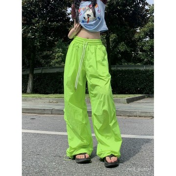 P3-【限時特賣】長褲女 女生褲子 寬褲 運動褲 冰絲長褲 高腰褲 顯瘦長褲多巴胺穿搭束腳傘兵褲女vibe風美式螢光綠小