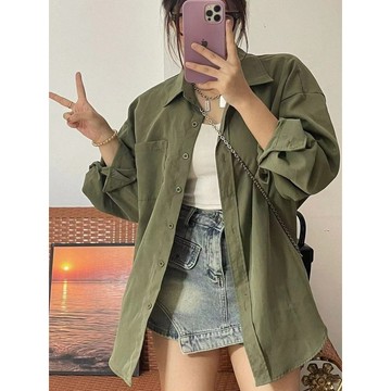 M-3XL 大尺碼綠色長袖襯衫女早秋2025新款小個子開衫設計感小眾寬鬆復古襯衣