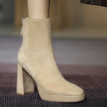 超高跟真皮短靴女2025秋冬防水臺杏色高跟鞋粗跟厚底通勤馬丁靴