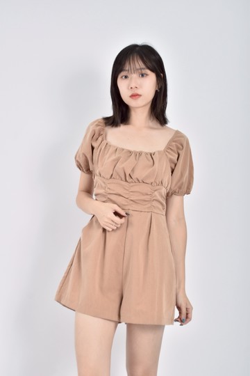 (M) on line高腰質感短袖一字領兩穿棕色連身裝
