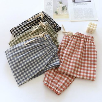 日系小格子純棉睡褲女長褲春秋薄款大碼水洗棉收口束腳家居褲外穿