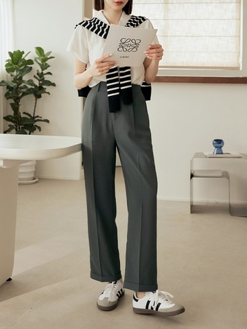 不易皺後鬆緊寬鬆直筒反摺西裝褲