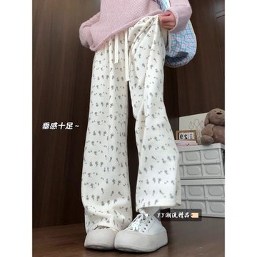 白色碎花運動褲女款冬季褲子寬松bf慵懶風小個子休閑直筒闊腿衛褲