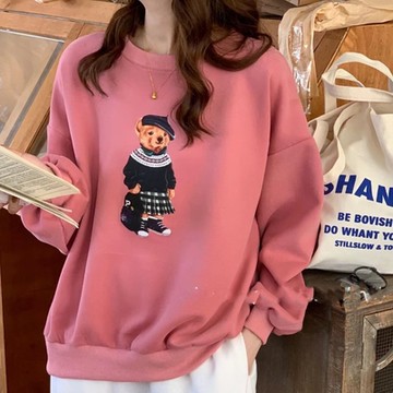 La Belleza圓領小熊圖案印花磨毛寬鬆衛衣長版T恤