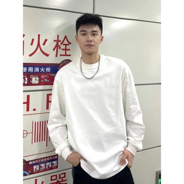 早秋260g重磅純棉圓領長袖t恤螺紋袖口純白色簡約衛衣內搭打底衫