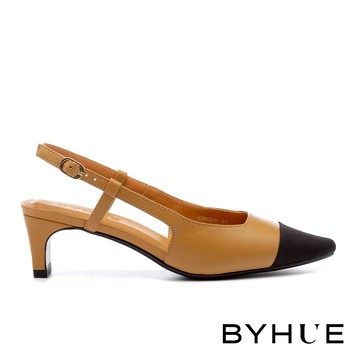 BYHUE 優雅大人感拼接羊皮後繫帶軟芯方頭高跟鞋－棕