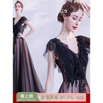 天使嫁衣 時髦黑色宴會年會舞臺走秀藝考主持人婚紗禮服16072批發