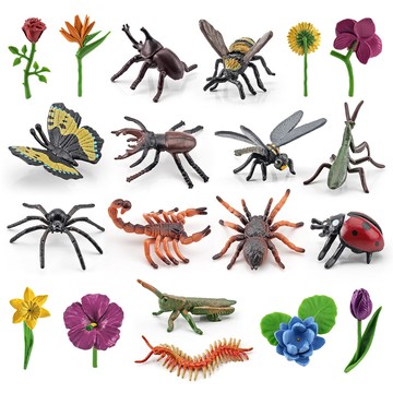 🌈「動物世界」仿真玫瑰蝴蝶蘭向日葵蜜蜂蝴蝶獨角仙鮮花昆蟲動物模型套裝