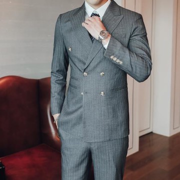 春秋英倫條紋雙排扣大碼結婚禮服西裝馬甲褲子一套男修身西服套裝