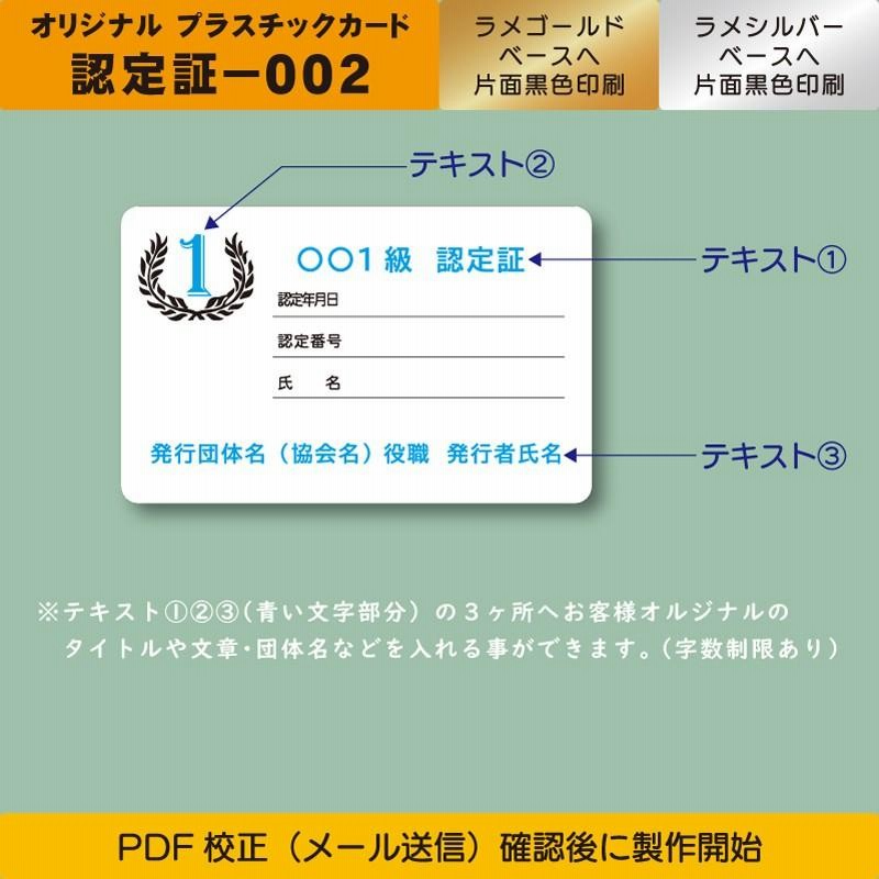 プラスチック製 認定証 認定カード002＞少部数(20枚）にて金・銀