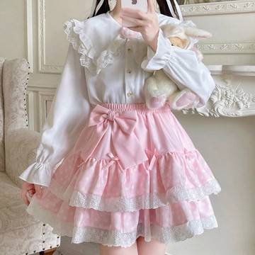 【砂糖夢境】甜美夏季少女日系軟妹可愛半身裙蝴蝶結高腰花邊蕾絲a字裙百搭
