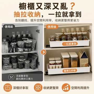 台灣現貨｜免打孔抽拉式置物架 升級加深43cm滑軌收納架 免釘櫥櫃抽屜式整理架 廚房調味瓶碗盤清潔用品收納盒