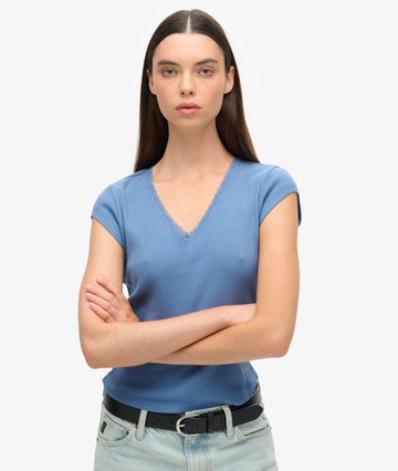 Superdry Women's Women's Athletic Essentials Lace Trim V-neck Top Blue / Wedgewood Blue - Size: 10-12