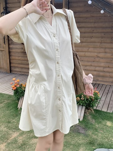 💕甜心大尺碼💕大尺碼洋裝 收腰洋裝 小個子洋裝 夏天洋裝 襯衫洋裝 V領褶皺設計感韓版短洋裝