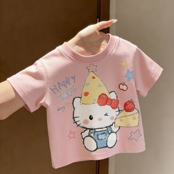 mori🎀mori女童純棉卡通夏裝寶寶甜美粉色HelloKitty生日主題t恤兒童