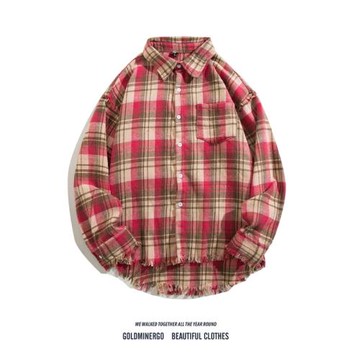 美式復古粉色格子長袖襯衣男女潮牌寬松百搭設計感流蘇襯衫外套