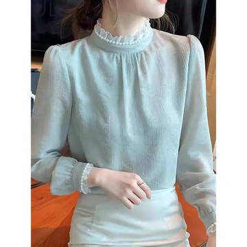 法式立領釘珠雪紡上衣女春秋穿搭時尚洋氣小衫超仙甜美木耳邊襯衫