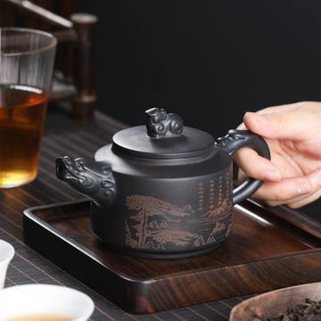 紫陶迎客松龍壺可養泡茶器功夫茶具茶壺家用單壺大容量中式壺復古