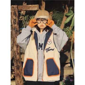 (免運)期望Studio日系寬松可雙面穿軟羊羔絨刺繡馬甲男女bf中性風外套