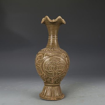 仿古瓷器宋耀州窯青釉刻花花口瓶