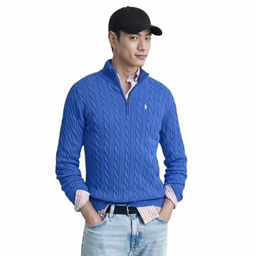 Polo Ralph Lauren RL 熱銷刺繡小馬立領半開襟麻花毛衣-寶藍色