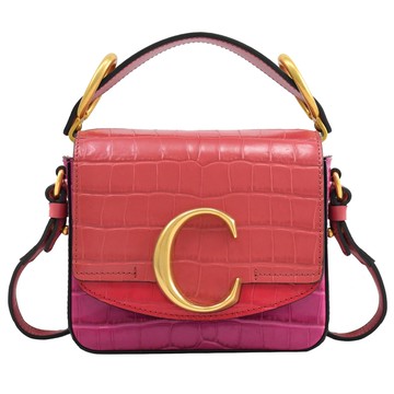 CHLOE 新款 金屬C Mini鱷魚紋手提單肩方包.淡桃/紫