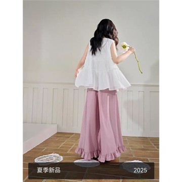 粉色木耳邊條紋寬松闊腿褲女2025夏季新款少女垂感休閑褲長褲