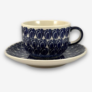 波蘭手繪手工陶-咖啡杯盤組 200ml 藍羽毛系列