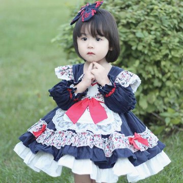 lolita洛麗塔裙女童春秋民族風蘿莉塔裙碎花小童洋裝周歲生日禮服