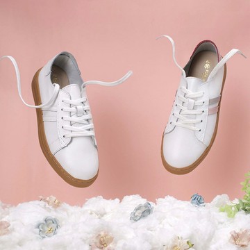 真皮綁帶柔軟休閒鞋-白/粉灰 8060L