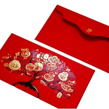 三支筆工作室-燙金仿絲絨紅包四入組-心願樹(橫版)