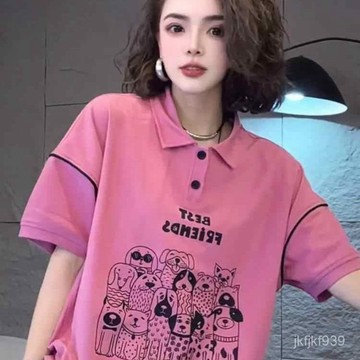 女裝 POLO領 顯瘦上衣 短袖t恤 短T 寬鬆上衣 夏季新款女士氣質翻領卡通短袖T恤女寬鬆複古半袖小衆上衣潮