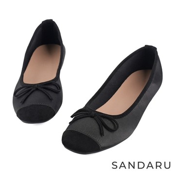 山打努SANDARU-娃娃鞋 優雅方頭緞面蝶結平底鞋-黑