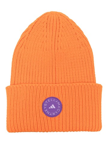 adidas by Stella McCartney - logo-patch knitted beanie - women - Organic Cotton/Recycled Polyester - One Size - Orange
