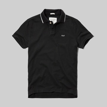 美國百分百【Abercrombie & Fitch】Polo衫 AF 短袖 麋鹿 黑色 男 素面 S XL號 F412